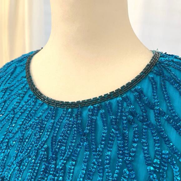 Vintage Laurence Kazar Sequin Sheath Dress L Silk Blue Beaded Party Costume 80s - Picture 4 of 16